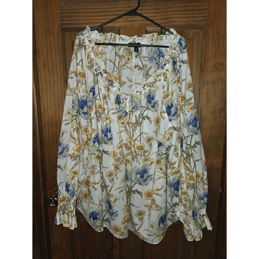 INC International Concepts Floral Cotton Peasant Blouse White Blue Gold‎ Plus 4X